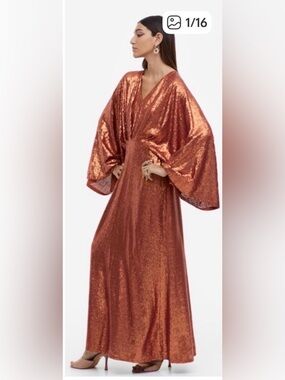 H&M Sz M Bronze Fully Sequin Bat Sleeves Rococo Party Wedding Maxi Dress